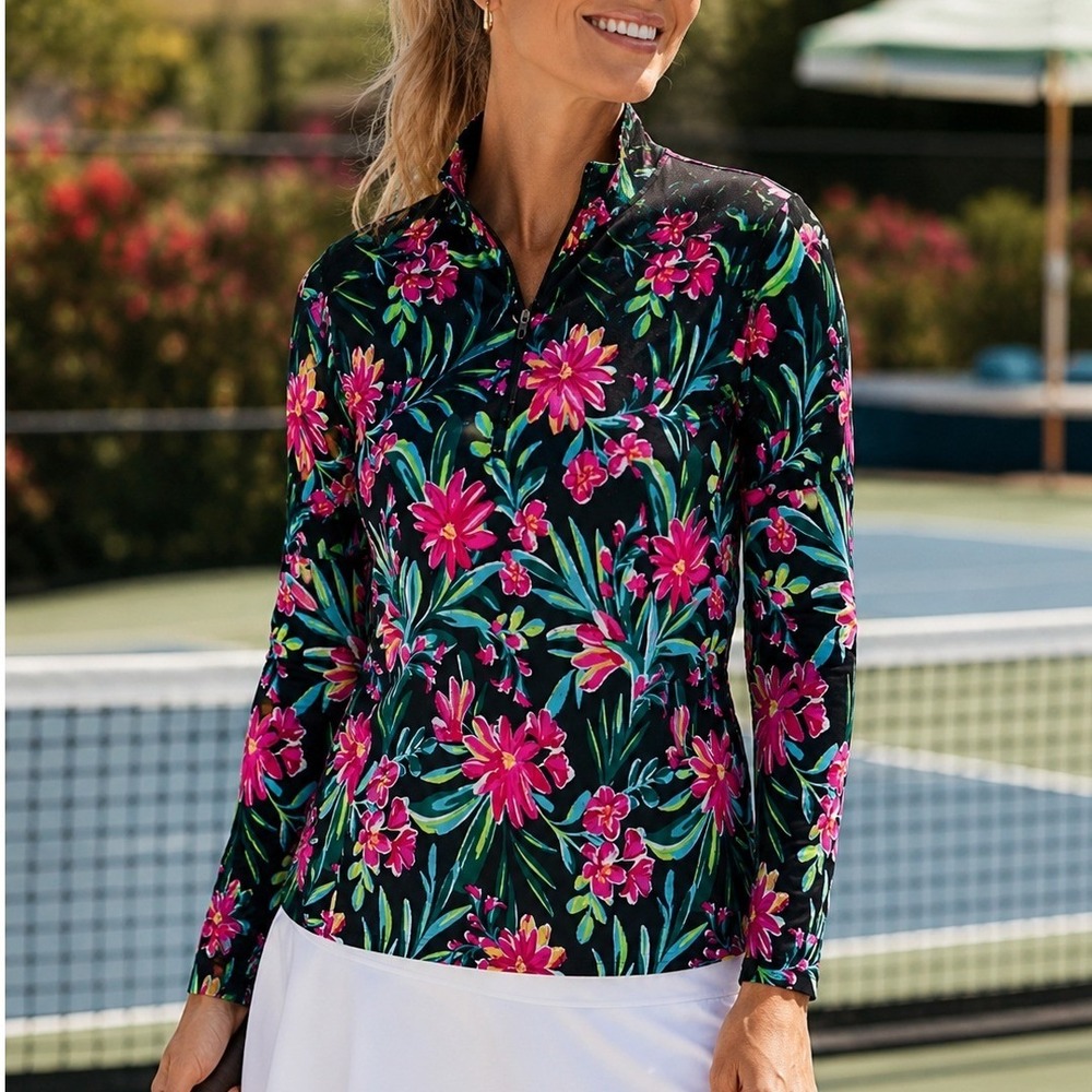 Stella Parker Collection‎ Navy Floral Quarter Zip Pullover Top Sz Small Tropical